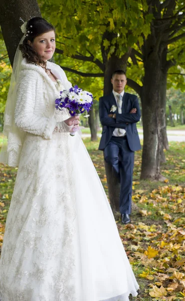 The groom and the bride on walk in autumn park — Stock Photo, Image