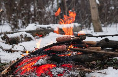 Çubuktaki sosisler ateşte kızardı. Kış Ormanı.