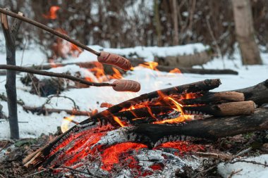 Çubuktaki sosisler ateşte kızardı. Kış Ormanı.