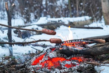 Çubuktaki sosisler ateşte kızardı. Kış Ormanı.