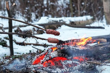 Çubuktaki sosisler ateşte kızardı. Kış Ormanı.
