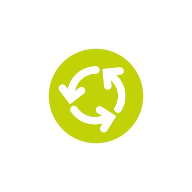 Simgeyi yeniden yükle ya da yenile. Beyaz üzerine izole edilmiş üç yeşil döner ok. Düz simge. Takas simgesi. İnternet ve yazılım arayüzleri için iyi. Döngüsel süreç. Diyagram. Dairesel oklar.