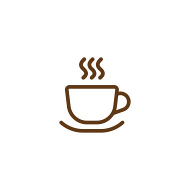 Buhar ikonlu sıcak fincan. Çay ve kahve ikonlu bardak. Kahverengi çizgi beyaz arka planda izole edilmiş. Vektör çizimi. Sabah kapuçinosu. Kahve molası