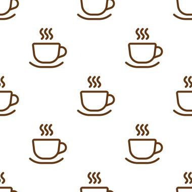 Sıcak bardak silueti ve buharlı kusursuz bir süs. Çay ya da kahve desenli kupa. Siyah hat piktogramı beyaz arkaplanda izole edildi. Vektör çizimi. Siyah ve beyaz