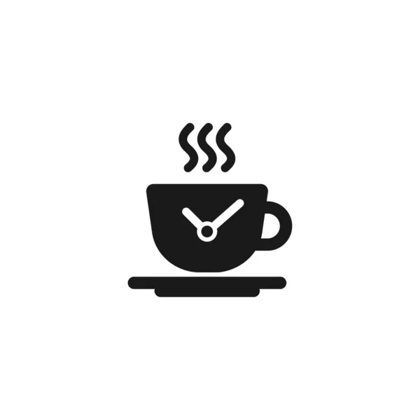 時計付きのホットカップ コーヒーの時間だ 紅茶やコーヒーのアイコンをフラットマグカップ 白を基調とした黒絵文字 ベクトルイラスト 朝のカプチーノ コーヒーブレイク — ストックベクタ