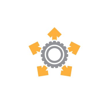 Gri dişli, 5 kırmızı oklu. Beyaz arkaplanda ikon izole edildi. pinion vektör düz çizim teknoloji veya yenilik için. İşaret düğmesi. Ayarlar imzası. Yetenekli, zeki, işaret dilini biliyorsun..