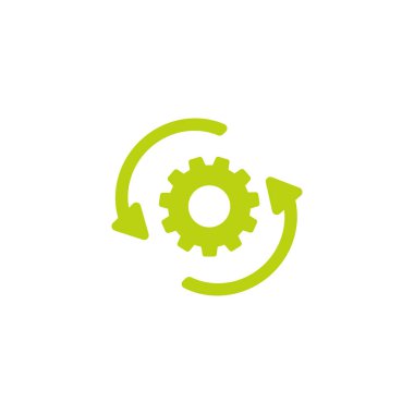 iki beyaz yuvarlak ok yeşil dişli. Simge Isolated beyaz. İş akışı kavramı simge. Otomasyon piktogram.