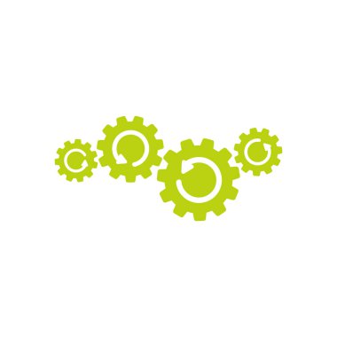 Üç yeşil vites okları ile. Düz simgesi üzerinde beyaz izole. Teknoloji ve yenilik için vektör çizim. Teknoloji sembolü. Dişli entegrasyon. İletim tekerlek dönme işareti.