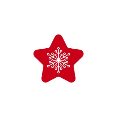 Beyaz kar taneli kırmızı sevimli yıldız. Yeni yıl fotoğrafı. Vektör çizimi. Noel klibi sanatı. Web düğmesi. Noel etiketi.