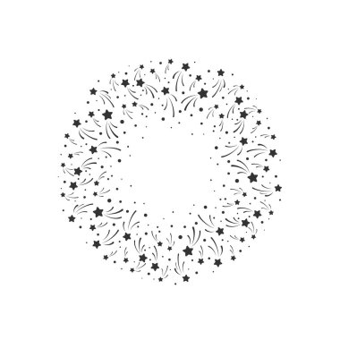 Havai fişekler yuvarlak çerçeveli, yıldızlı ve beyaz arka planda ışıltılı noktalar. Metin için Starry Circle etiketi. Kart, davet, duvar kağıdı için vektör arkaplanı.