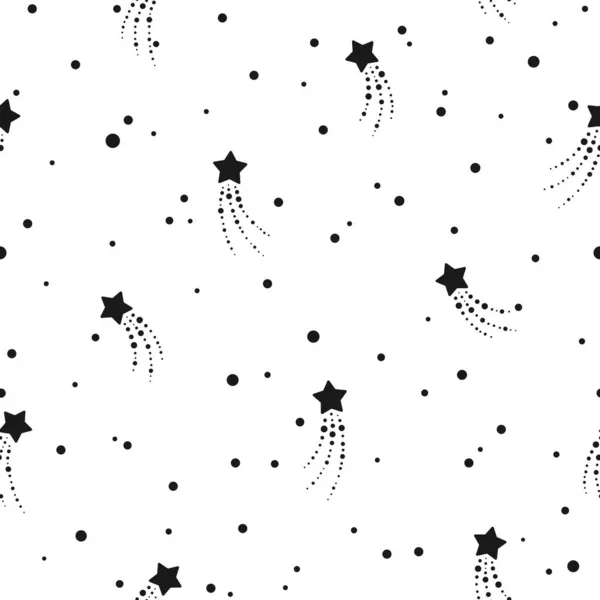 Seamless Cute Pattern Flying Black Stars Dots Circles White Background — Stock Vector