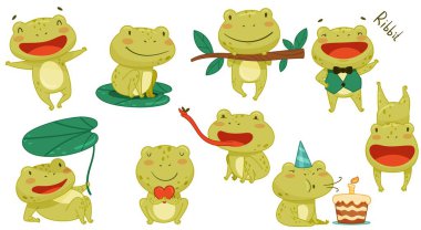 Cute frog activities set. Green funny amphibian animal character smiling, jumping, croaking, catching fly with tongue cartoon vector illustration vector Cute frog activities set. Green funny amphibian animal character smiling, jumping, croaking, catching fly with tongue cartoon vector illustration vector