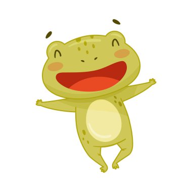 Cute smiling frog happily jumping. Green funny amphibian toad character cartoon vector illustration vector Cute smiling frog happily jumping. Green funny amphibian toad character cartoon vector illustration vector