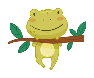 Cute frog hanging on tree branch. Green funny amphibian toad character cartoon vector illustration vector Cute frog hanging on tree branch. Green funny amphibian toad character cartoon vector illustration vector