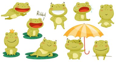 Cute frog activities set. Green funny amphibian toad character smiling, jumping and croaking cartoon vector illustration vector Cute frog activities set. Green funny amphibian toad character smiling, jumping and croaking cartoon vector illustration vector