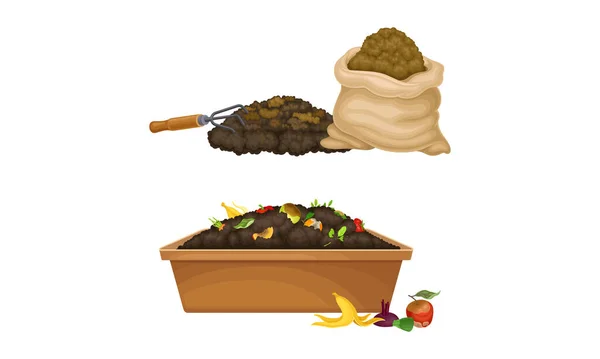 Organic fertilizers for gardening, farming and agriculture industry set. Compost box with bio recycling garbage and humus vector illustration — Stock Illustration Organic fertilizers for gardening, farming and agriculture industry set. Compost box with bio recycling garbage and humus vector illustration Vector Graphics