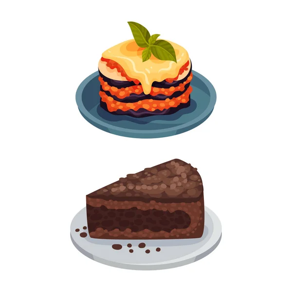 Italian food traditional dishes set. Parmigiana and chocolate cake dessert served on plates vector illustration