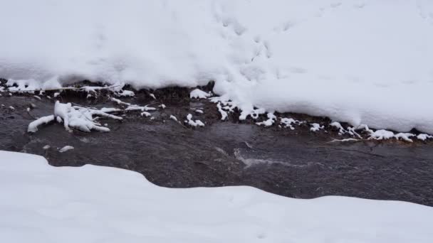 Ein kleiner Bach im Winter. Eine statische Kamera. Fließendes Wasser zum Winteranfang — Stockvideo