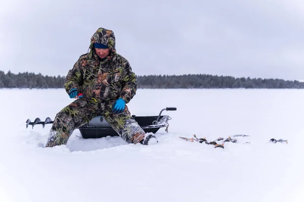 冬の釣り旅行で湖の冬の漁師はパーチをキャッチします — ストック写真