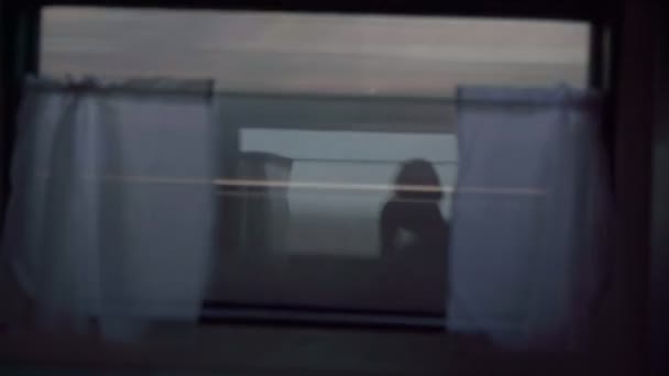 Gezginler için güneş ışığı alan bir tren. Tatil sırasında, penceresinde doğa manzarası olan bir tren. Seçici odak — Stok video