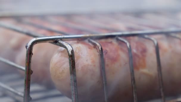 Sosis babi buatan sendiri yang lezat dipanggang. Pemandangan dari atas. makanan jalanan. Fokus selektif — Stok Video