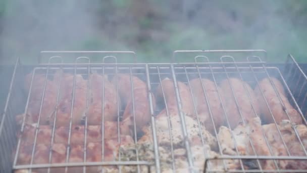 Cârnații delicioși de porc de casă sunt la grătar. Vedere de sus. mâncare stradală. Focalizare selectivă — Videoclip de stoc