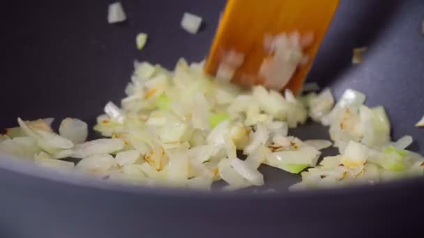 Närbild av sauteed lök i stekpannan. Förbereder middagen. Matlagning hemma koncept. Selektiv inriktning. — Stockvideo