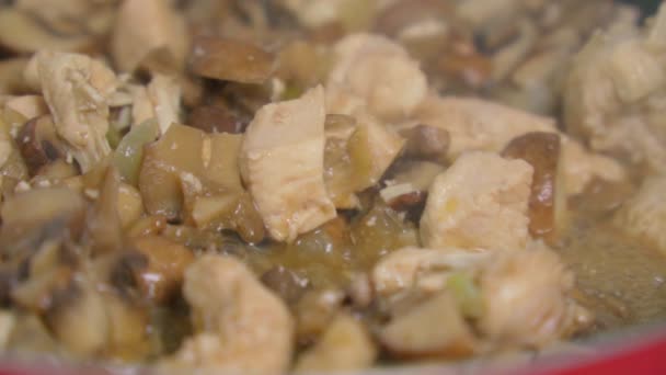 Homemade stewed champignons with chicken fillet, close-up Cooking at home. Slow motion — Stock Video