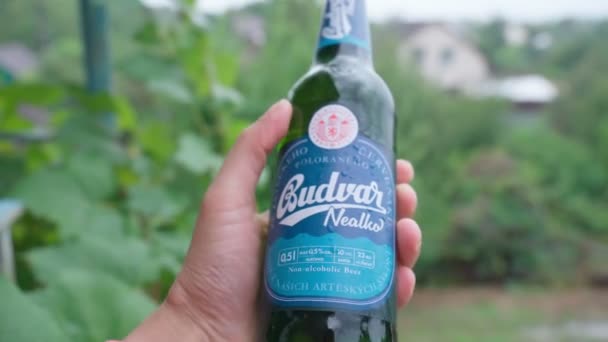 Volzhsky, Rusia-25 de septiembre de 2021: Budvar nealko sin alcohol, una de las cervezas más vendidas de la República Checa — Vídeo de stock