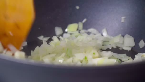 Cipolla tritata in una padella. Ingrediente per la cottura. Focus selettivo — Video Stock