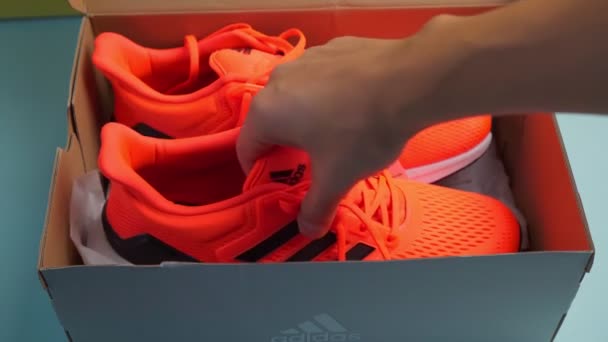 Tyumen, Russia-13 novembre 2021: Nuove scarpe da ginnastica di colore arancione Adidas. Il modello è realizzato con materiali riciclati — Video Stock