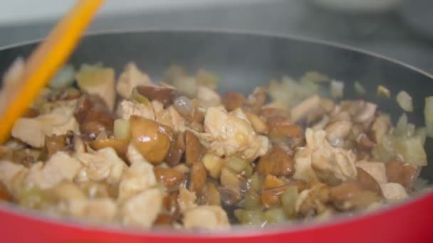 Cierre de la preparación de filete de pollo con champiñones en una sartén. Movimiento lento — Vídeo de stock