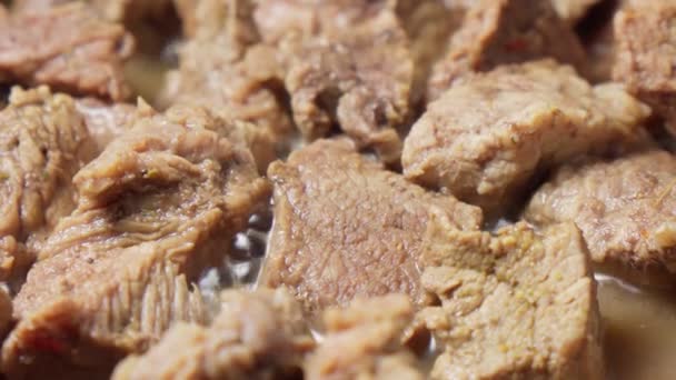 Gotowanie małych kawałków wołowiny zbliżenie. Gulasz smażony na patelni, ostrość selektywna — Wideo stockowe