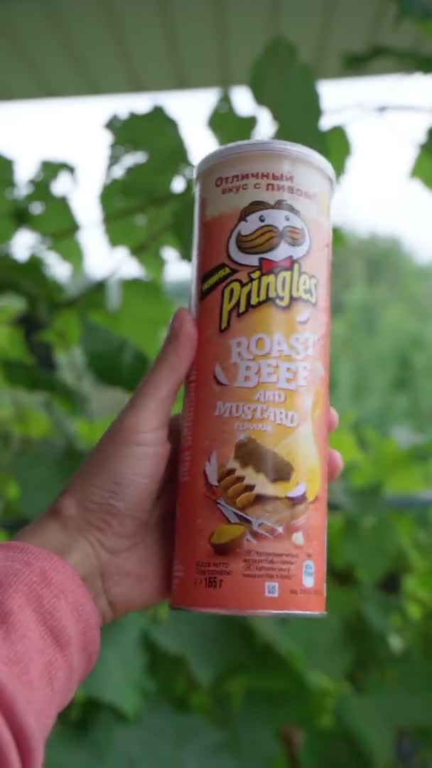 Volzhsky, Rusko-září 25, 2021: Pringles chips roast beef. Vlastněna Kelloggskou společností. Svislé video — Stock video