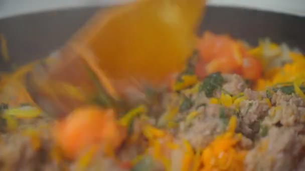 Włoskie bolognese składniki żywności, przygotowanie mięsa mielonego z pomidorami. — Wideo stockowe