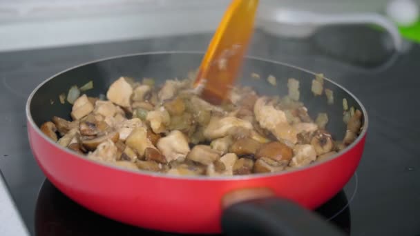Τηγανητά μανιτάρια σε κοντινό πλάνο με κρεμμύδια και κοτόπουλο. Μαγειρική στο σπίτι — Αρχείο Βίντεο