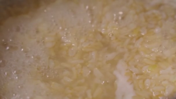 Matlagning brunt ris i en kastrull närbild. Matlagning är ett selektivt fokus. Långsamma rörelser — Stockvideo