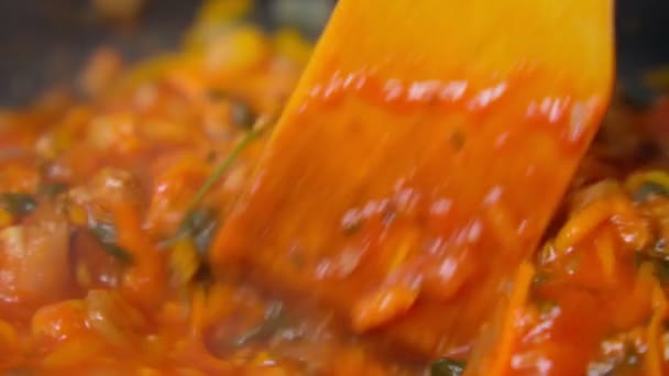 Итальянские колбасные ингредиенты, приготовление фарша с помидорами. Медленное движение — стоковое видео