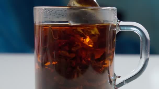 Trockene Teeblätter in Wasser aus nächster Nähe. Selektiver Fokus auf das Brauen von Tee — Stockvideo
