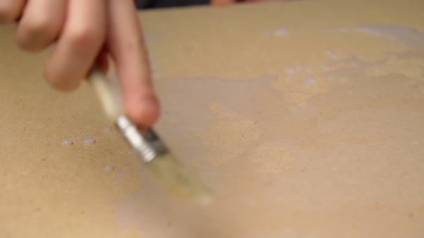 Brush for coating wood close-up, primer for wood. Slow motion — 비디오