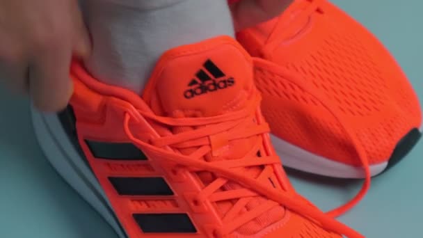 Tyumen, Oroszország-november 13, 2021: Adidas Running Shoes. Adidas logó, multinacionális vállalat. — Stock videók