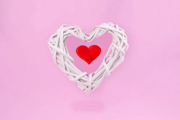 Big Flying White Heart Trendy Pink Background Valentines Day February — Zdjęcie stockowe