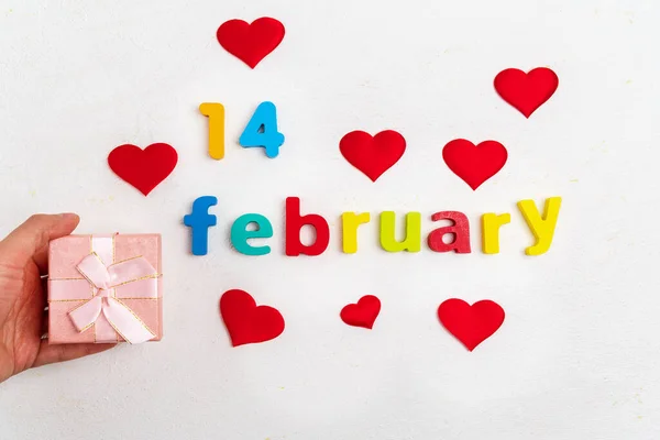 Valentines Day White Background Gift Box Inscription February Top View — Stockfoto