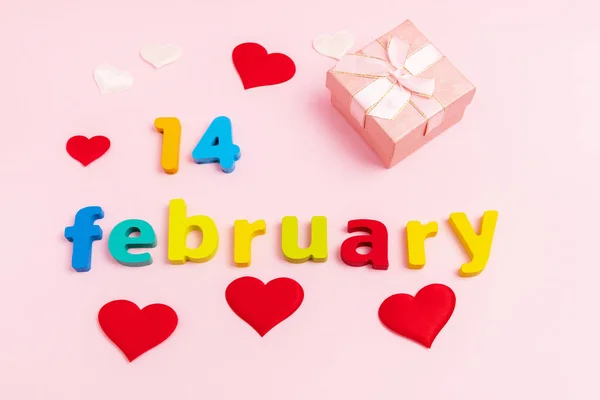 Valentines Day February Gift Selection Pink Background Hearts Top View — Stockfoto