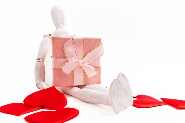 Valentines Day Background Gift Box Wooden Mannequin White Background Flat — Stock Fotó