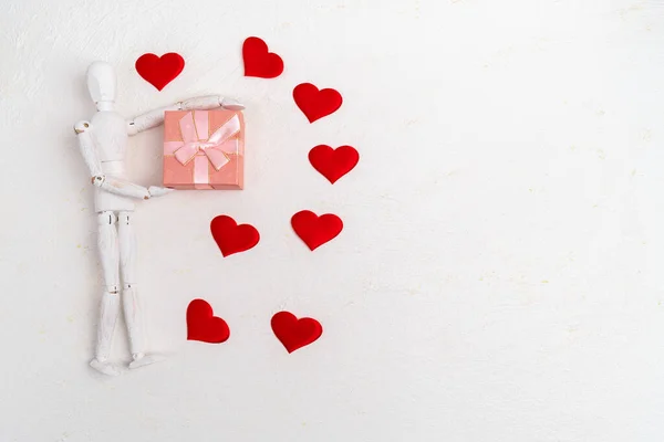Valentines Day Background Gift Box Wooden Mannequin White Background Flat — Stock Fotó