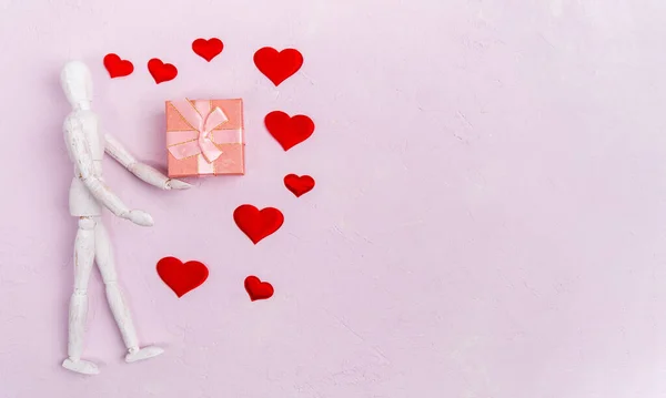 Choosing Gift Valentines Day Hearts Wooden Mannequin Top View Pastel — Stock Fotó