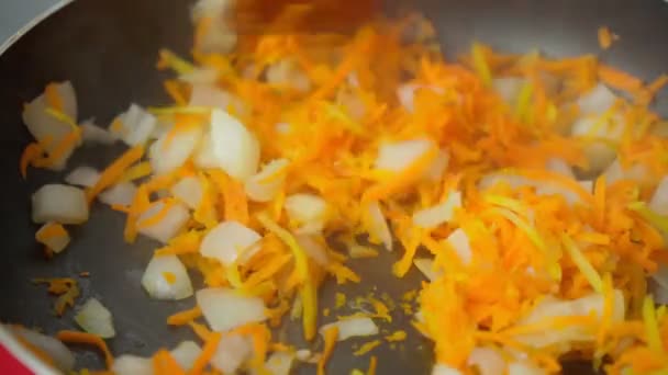 Primo piano di cipolla fritta e carota per cucinare, primo piano, messa a fuoco selettiva — Video Stock