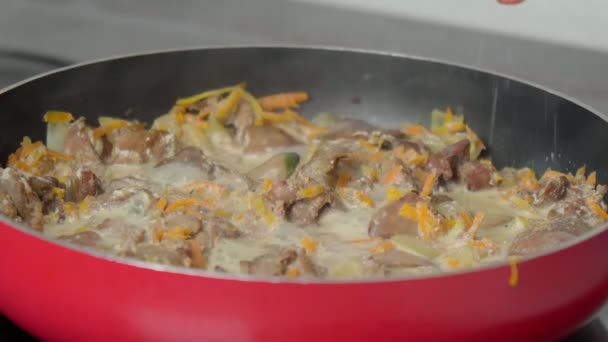 Gebratene Hühnerleber mit Zwiebeln und Karotten. Selektiver Fokus — Stockvideo