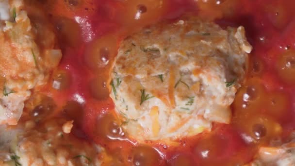 토마토 소스로 만든 프라이팬에 토마토 소스를 넣은 토마토 소스입니다. 선택적 초점 — 비디오